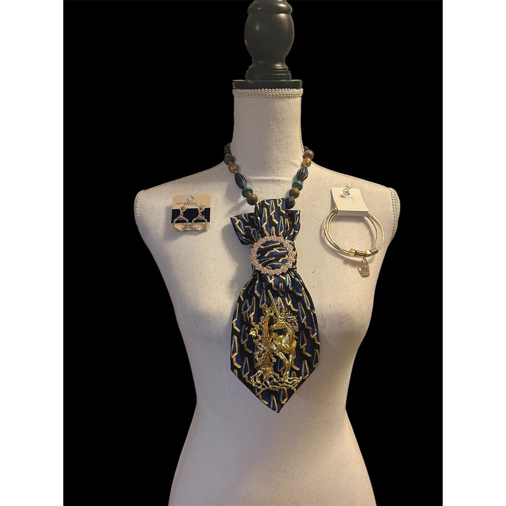 Neiman Marcus Silk Tie Necklace Unicorn Brooch Set Earrings Bracelet Blue Gold - Picture 12 of 12